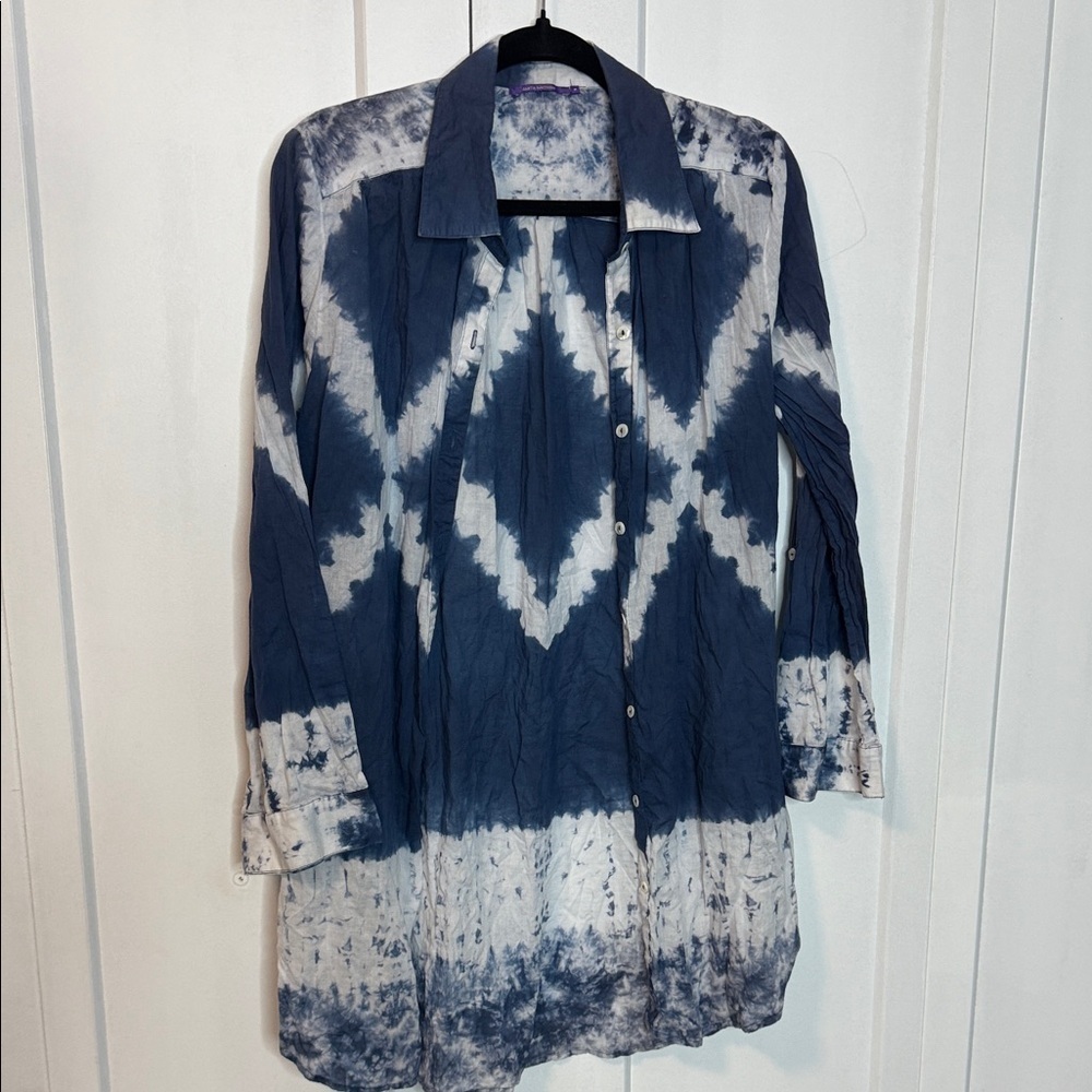 Amita Naithani Blue and White Tie-Dye Button down Shirt - Med - pockets - Cotton